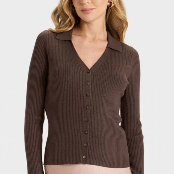 NWT A New Day collared button down brown ribbed knit sweater size large - Picture 1 of 10